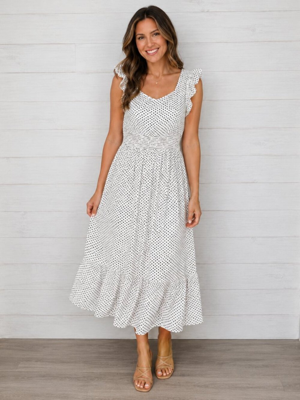 Smocked Waist White Polka Dot Maxi Dress with Ruffle Sleeves
